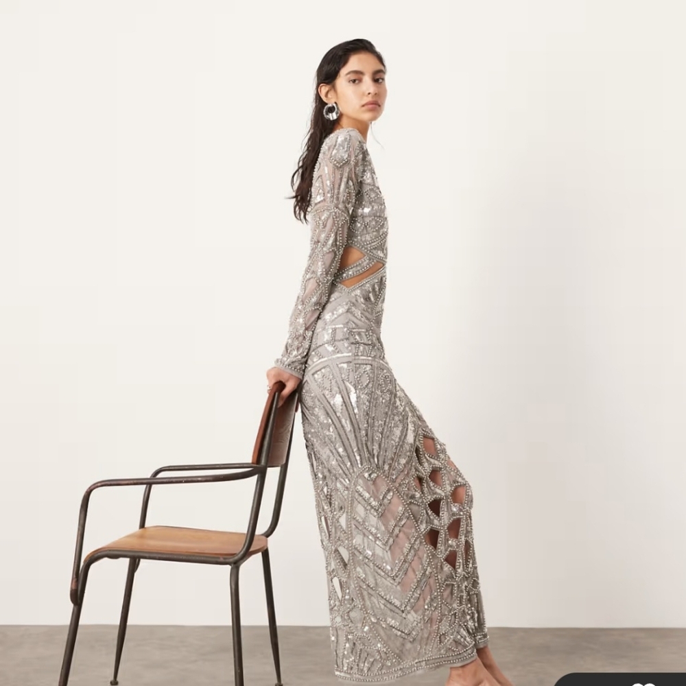 ASOS EDITION embellished long sleeve sequin cut work plunge neck midaxi dress